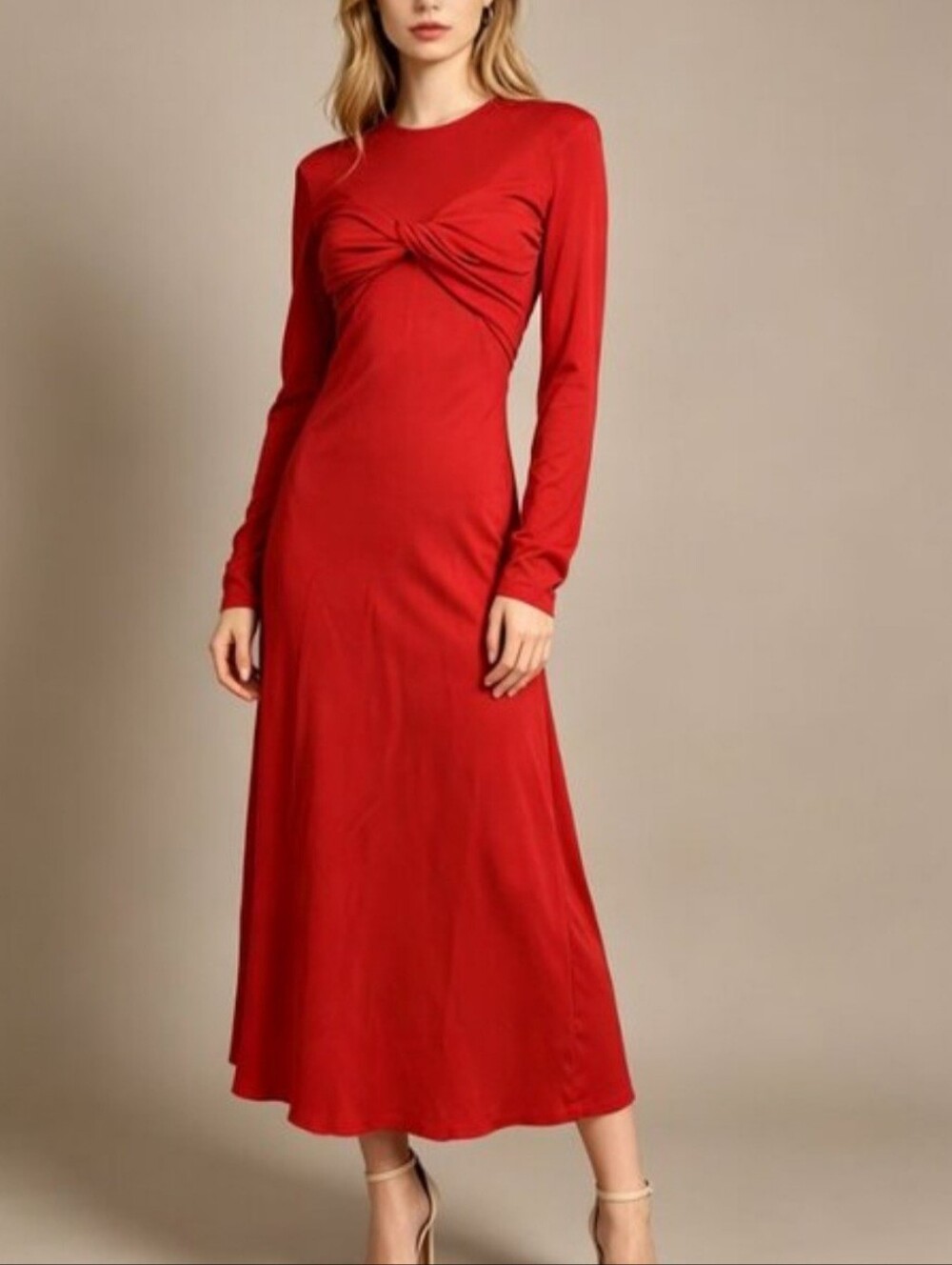 NWT FARM Rio Size S Red Long-Sleeve Twist-Front Maxi Dress Quiet Luxury Feminine